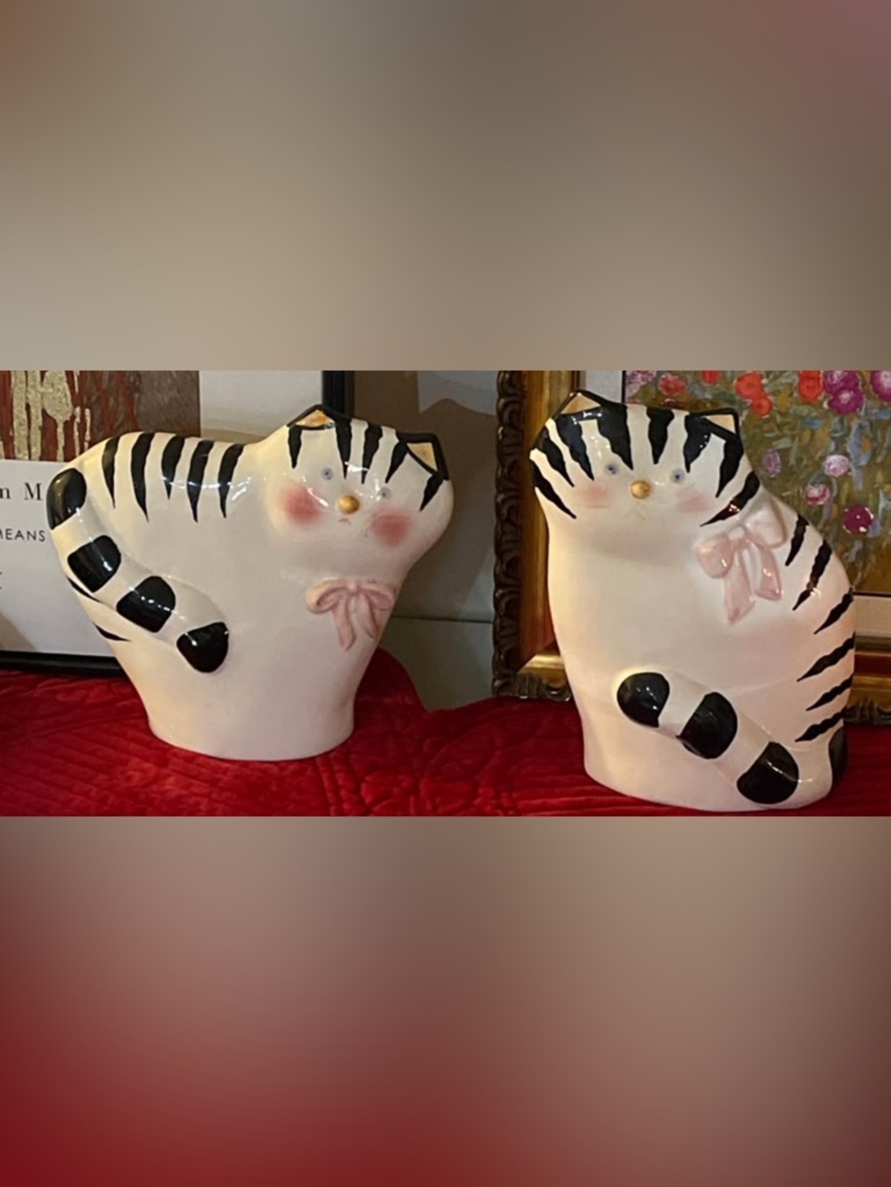 Vintage Black and White Ceramic Cats With Pink Bows Statue Figurine